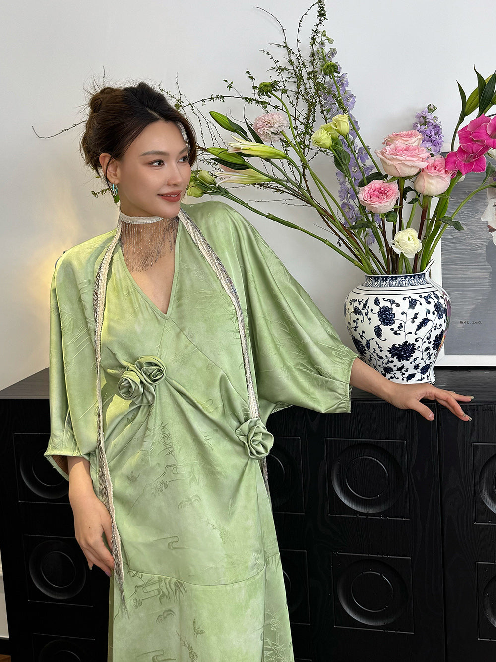Mukzin“Capsule Collection”New Chinese-Style Fashionable Waist-Tightening And Slimming Printed Retro V-Neck Dress