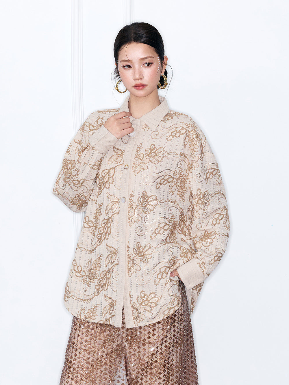 MUKZIN“Capsule Collection”Beige Floral Embroidered Oversized Button-Down Shirt | Oriental Sequin Embellished Long Sleeve Blouse