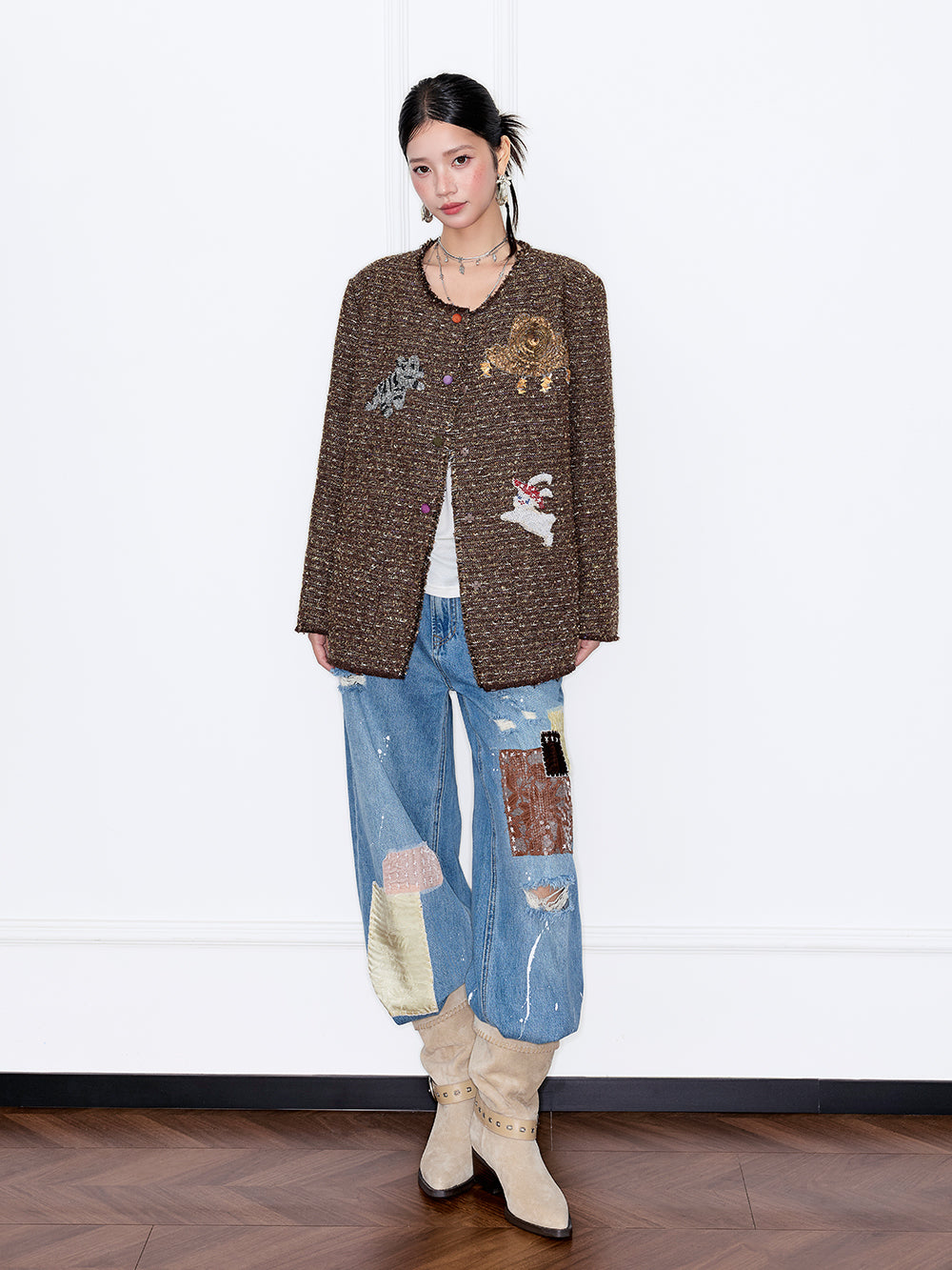 MUKZIN“Capsule Collection”Vintage Bouclé Jacket with 3D Appliqué - Round Neck Loose Fit