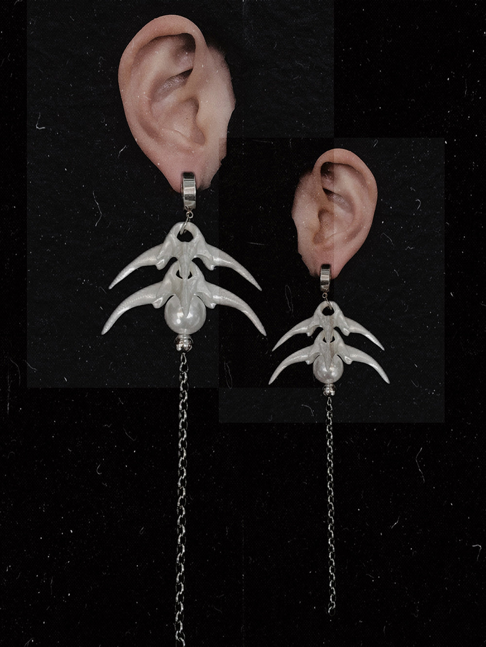 MUKTANK×DARK DREAM 3D printed spiky bone flower earrings with bead collisions and pearl-colored chains