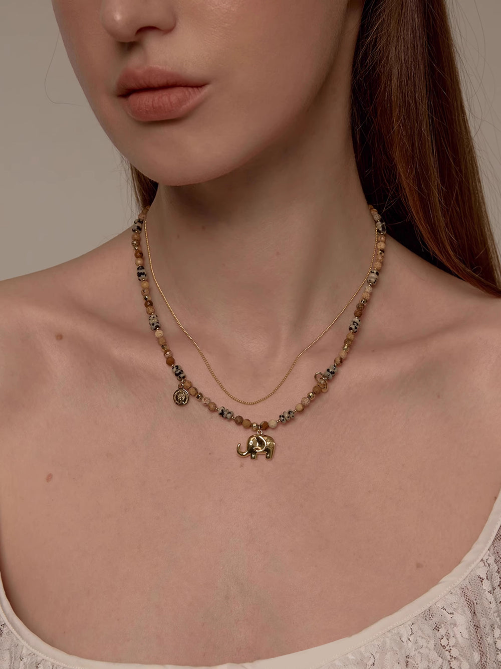 MUKTANK×SUN HUNTER Double-layered Necklace with Little Elephant Design and Speckled Stone