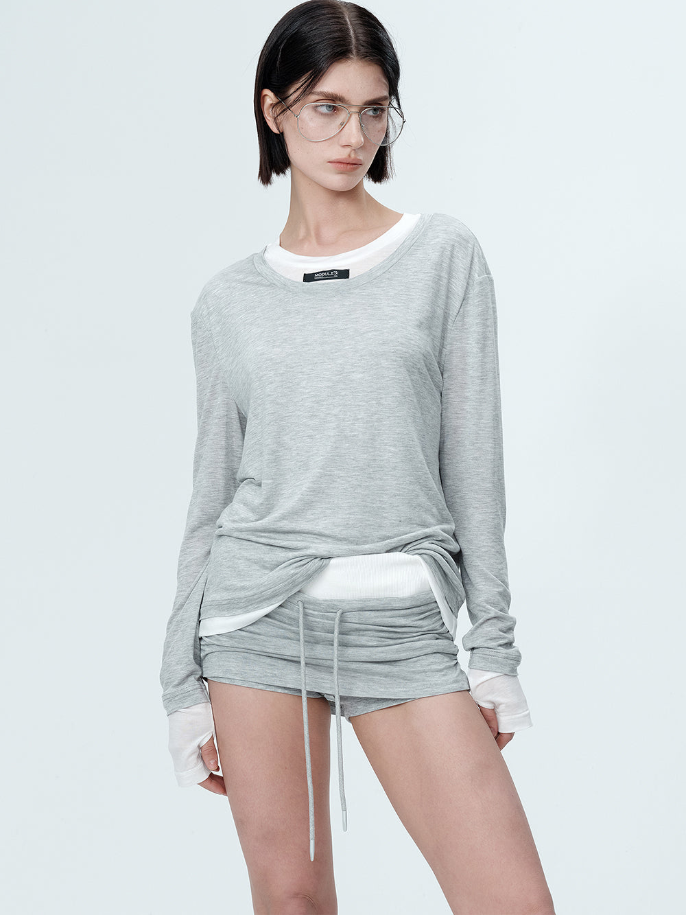MUKTANK×MODULER Tencel fake two-piece Splicing Loose T-shirt Knitted Top