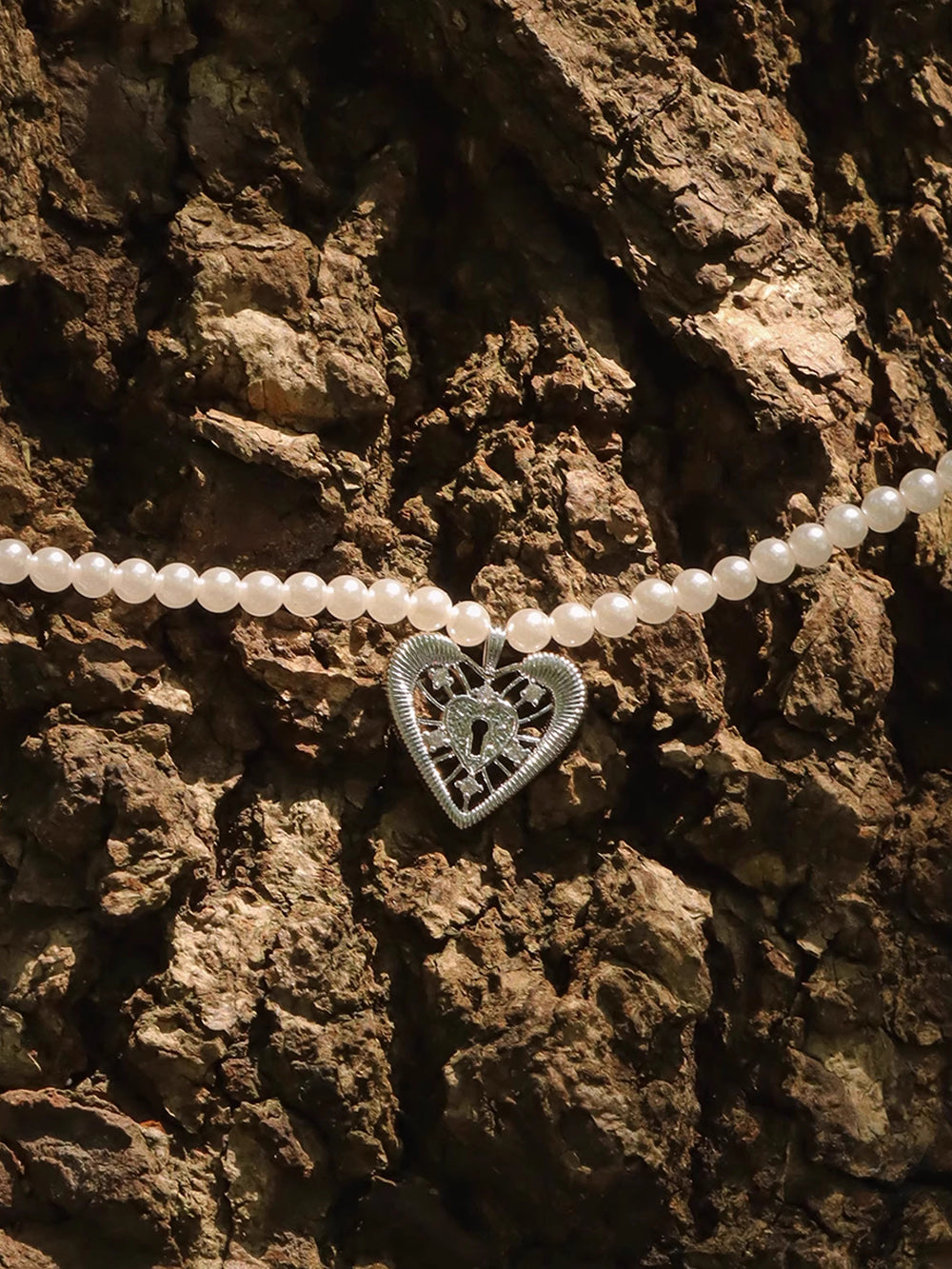 MUKTANK×SUN Lace heart lock pearl necklace