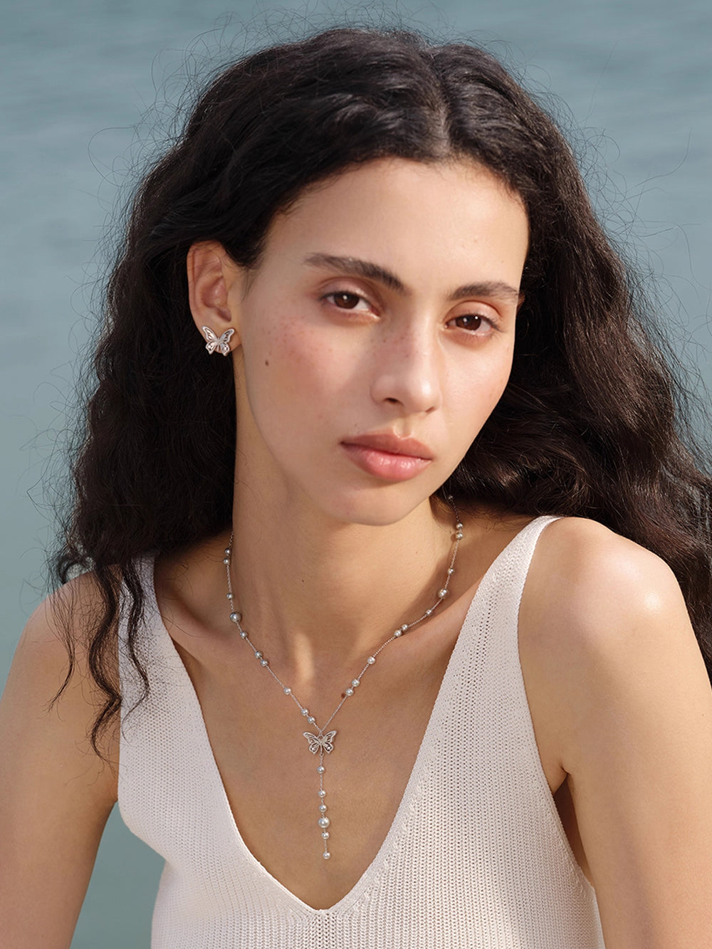 MUKTANK×SUN HUNTER “Emergence”Baby's - Breath Lace Butterfly Y - shaped Necklace