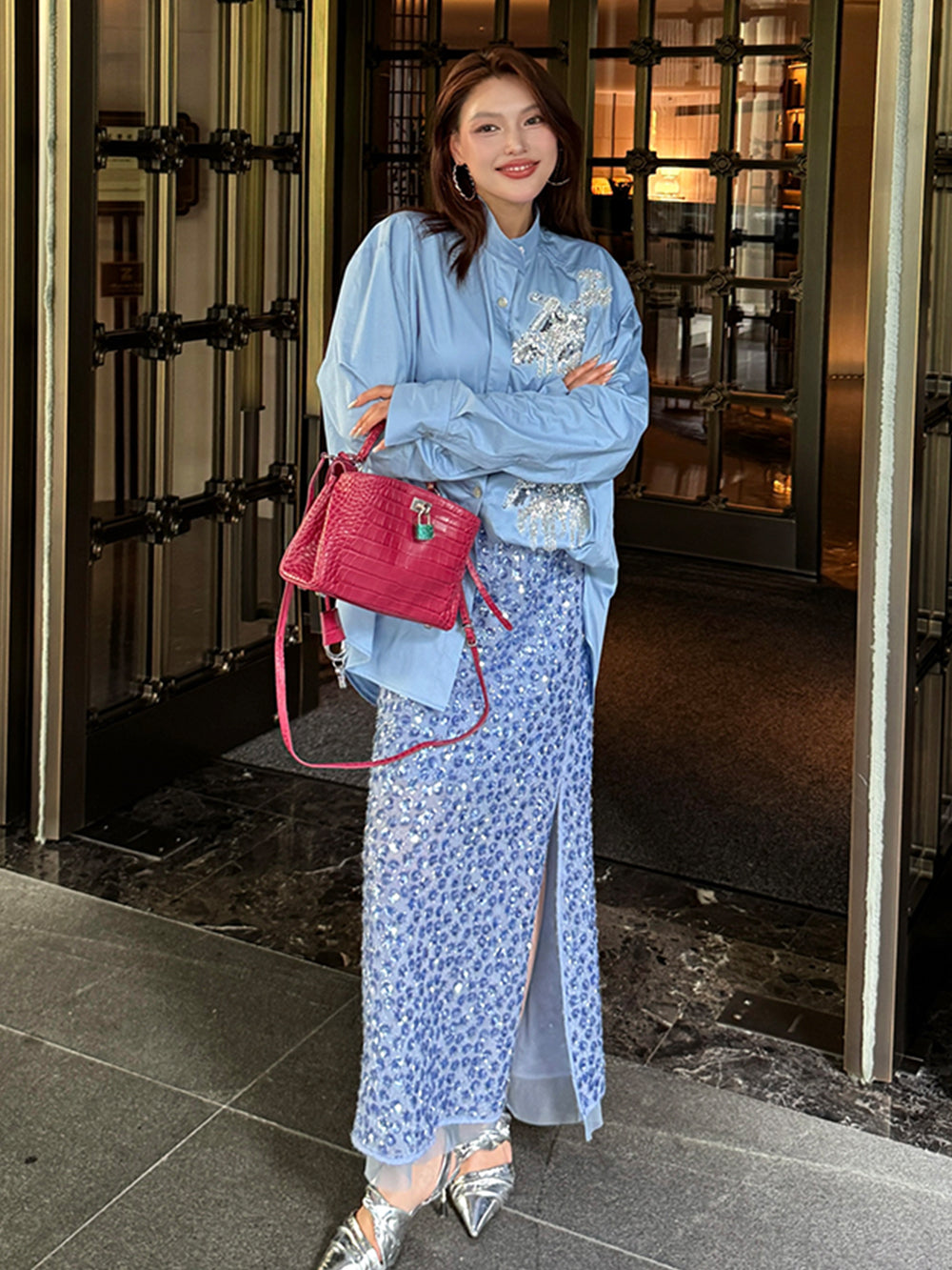 MUKZIN“Capsule Collection”Light Blue Sequin Embellished Floral Midi Skirt | Oriental High-Waist Slit Skirt