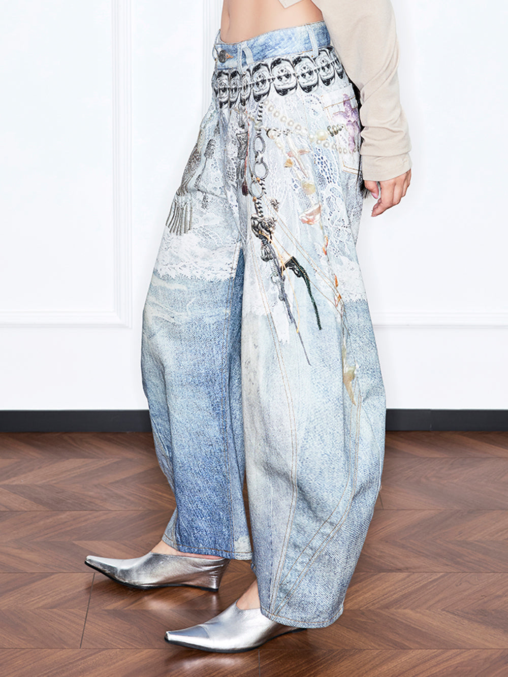 MUKZIN“Realm of Ethereal Mist”Apron - Style Lace - Printed 弯刀 Jeans