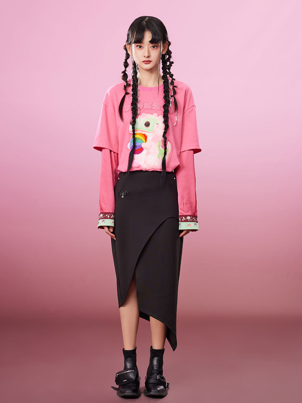 MUKZIN Fake Two-piece 2-color Embroidery School Style All-match T-shirts