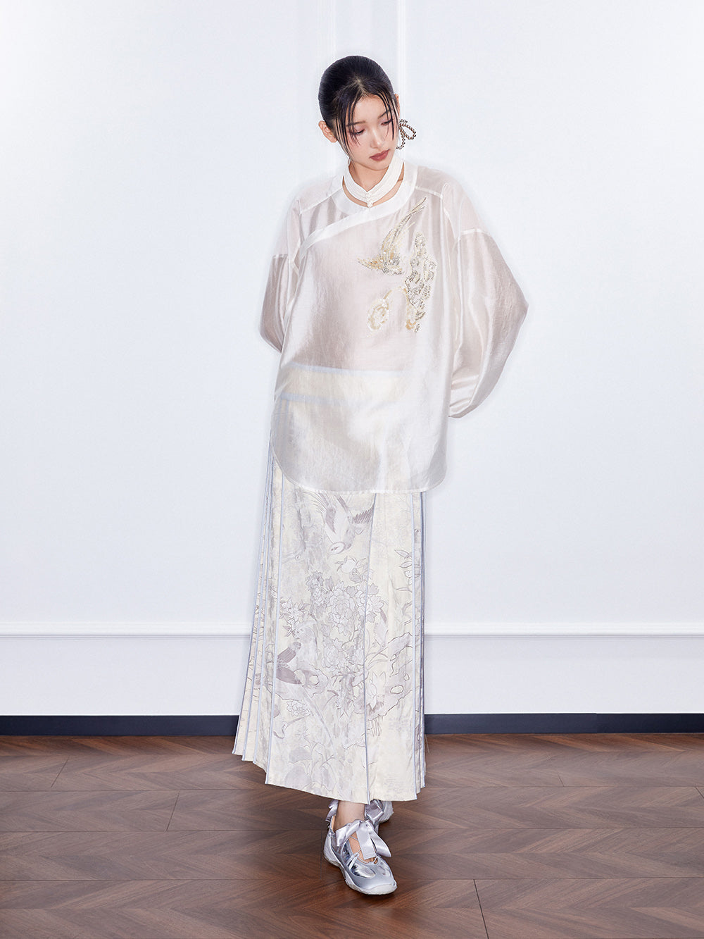 MUKZIN SpringPrelude Chanting Pine Chinese - style Round - collar Translucent Traditional - style Shirt