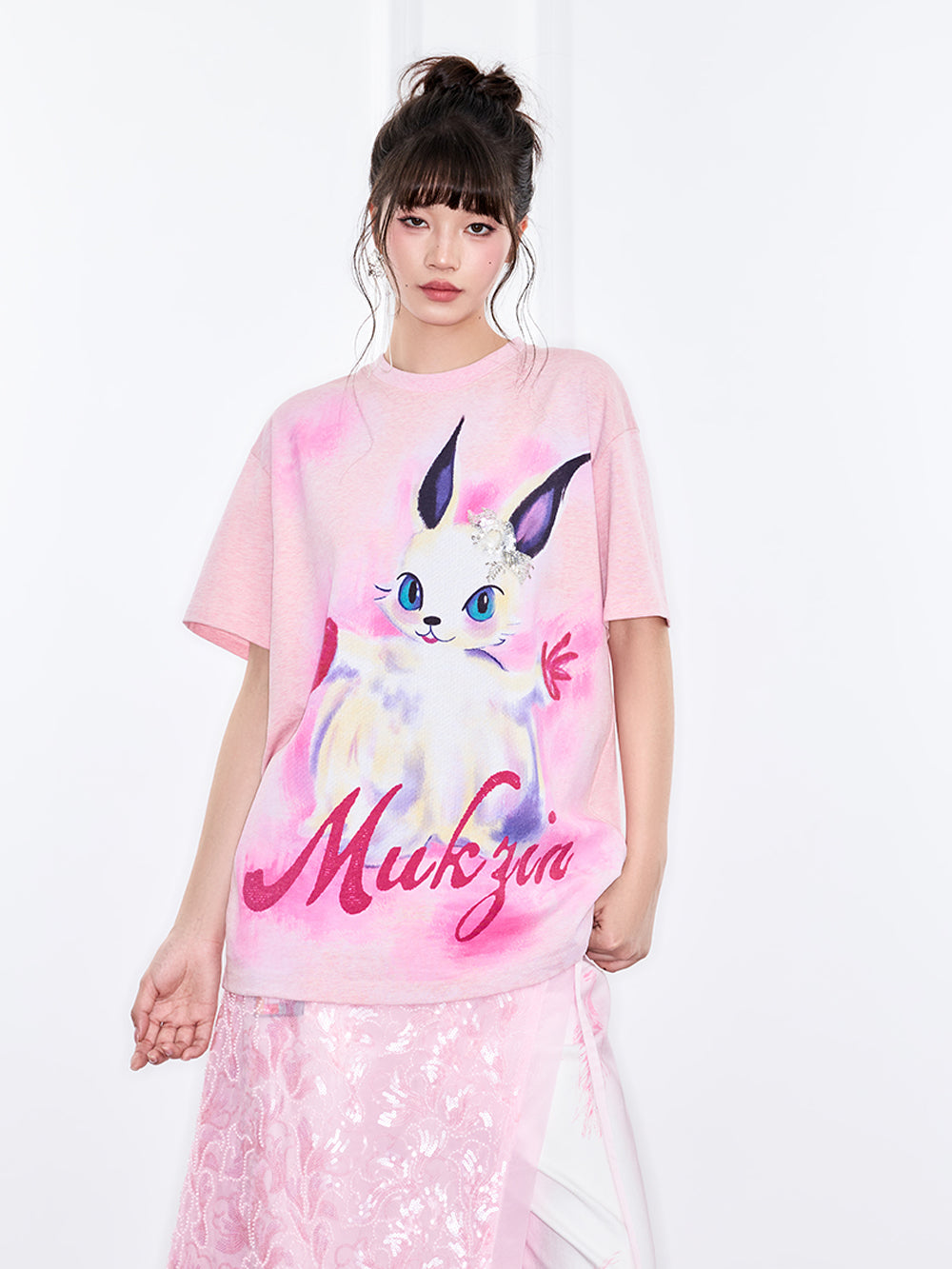 Mukzin "Ode To The New Summer"Dreamy Pink Printed Short-Sleeved T-Shirt