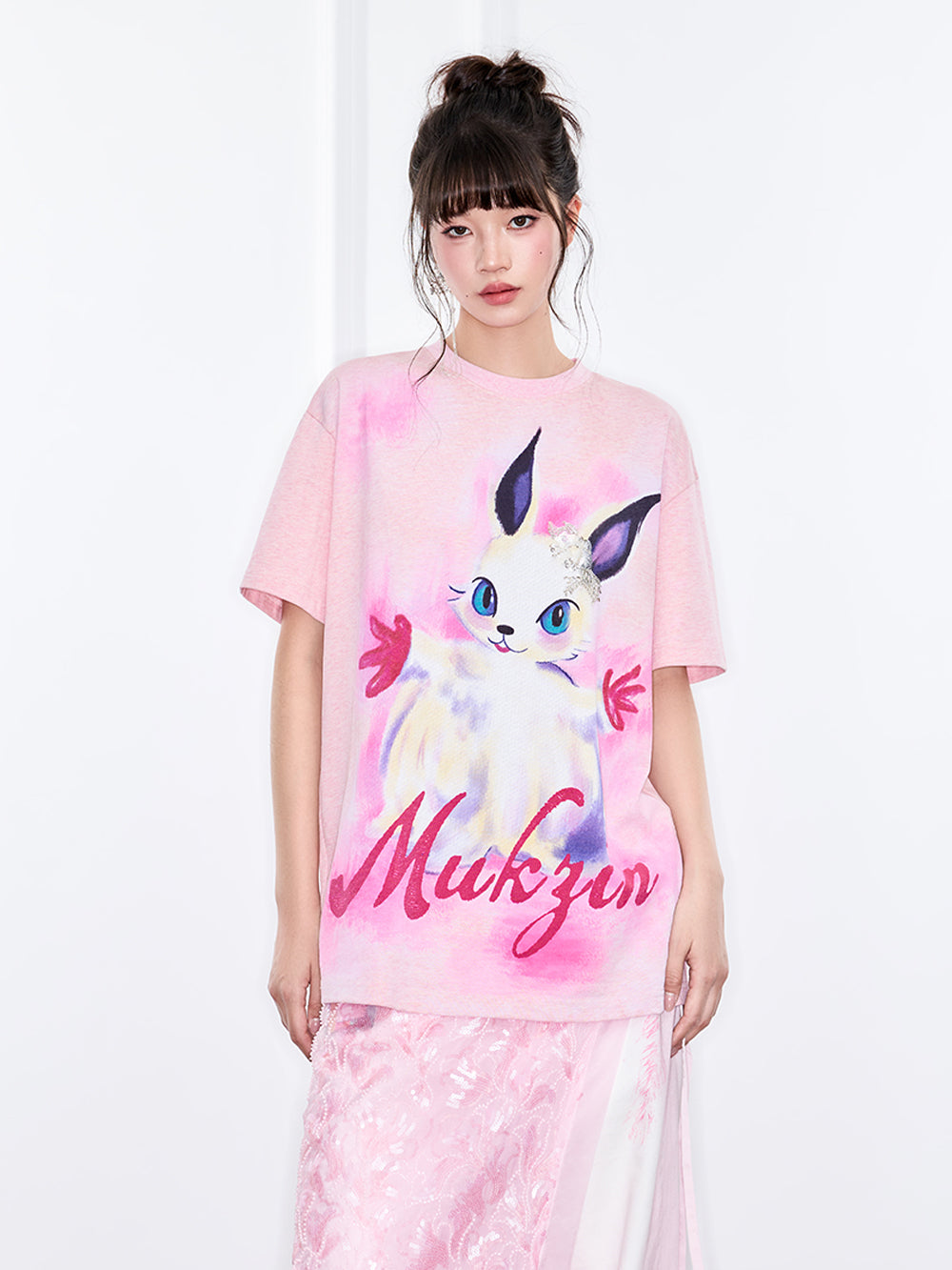 Mukzin "Ode To The New Summer"Dreamy Pink Printed Short-Sleeved T-Shirt
