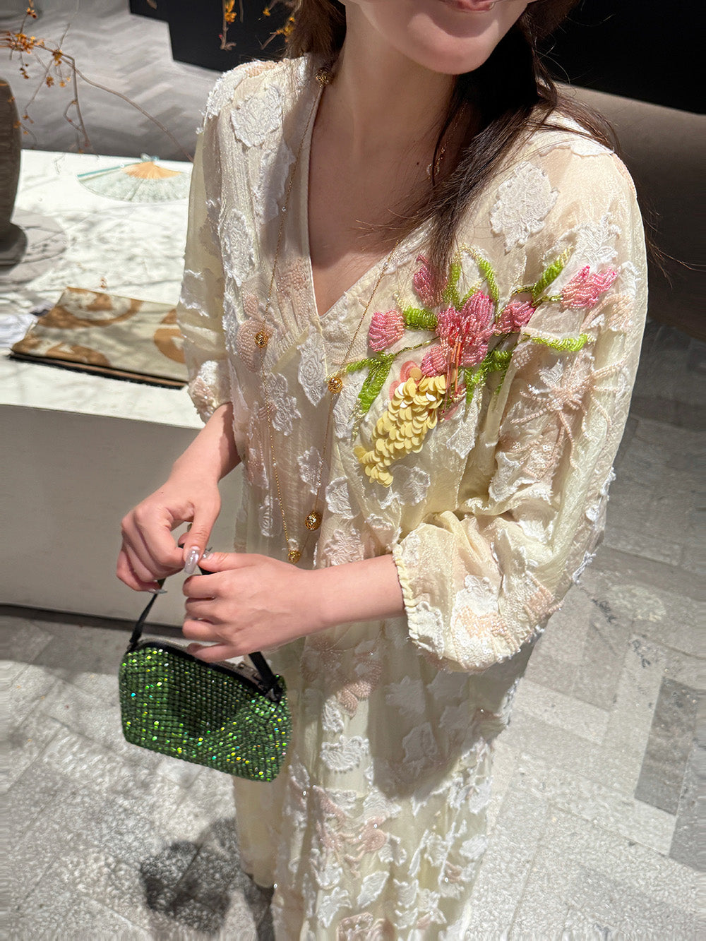 MUKZIN×"Capsule Collection" New Chinese Style Heavy Embroidery Elegant V-Neck Yellow Dress