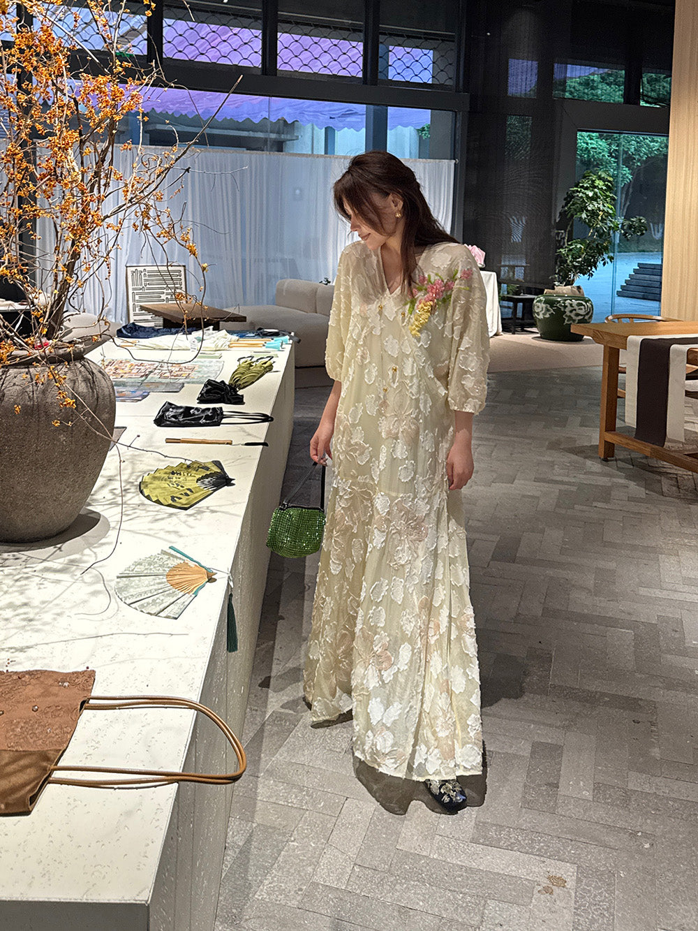 MUKZIN×"Capsule Collection" New Chinese Style Heavy Embroidery Elegant V-Neck Yellow Dress