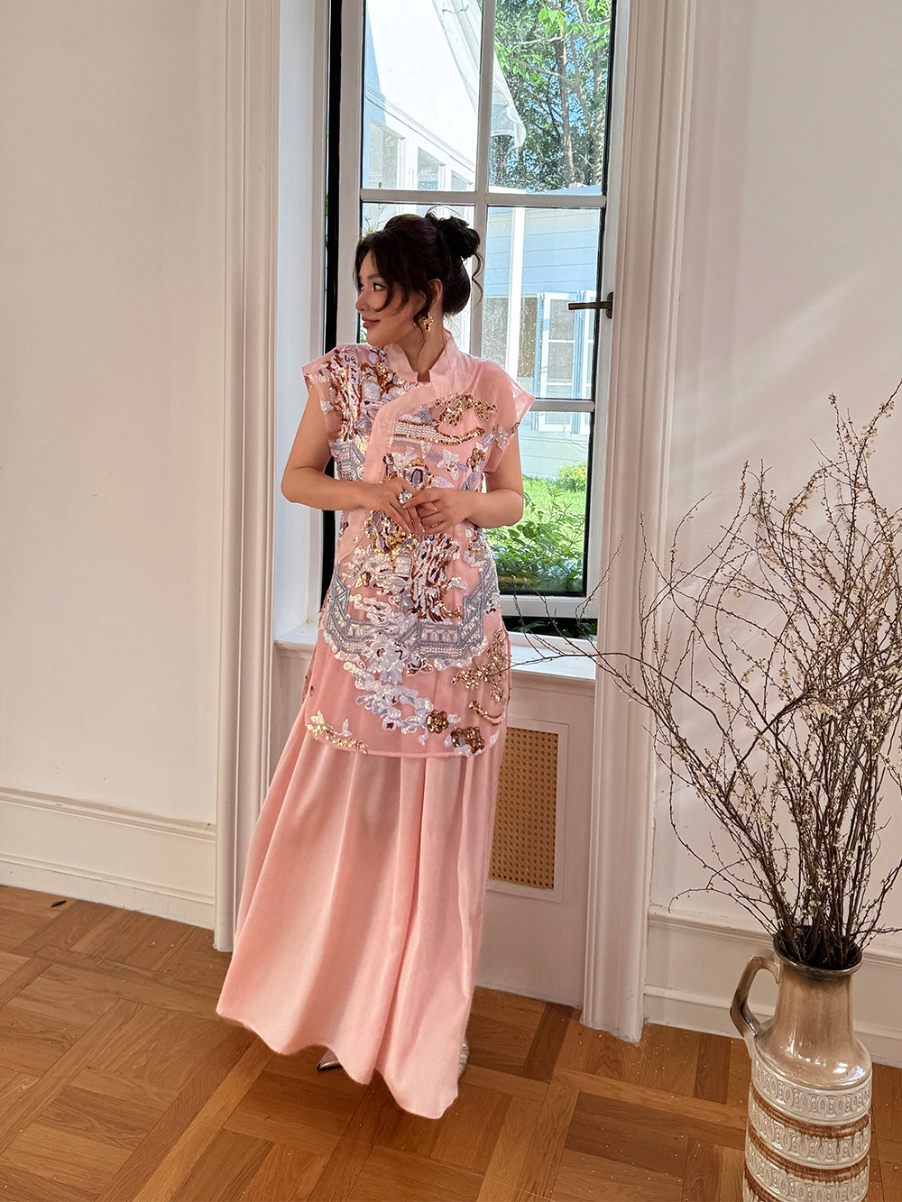 MUKZIN×Capsule Collection New Chinese-style embroidered white modified cheongsam dress