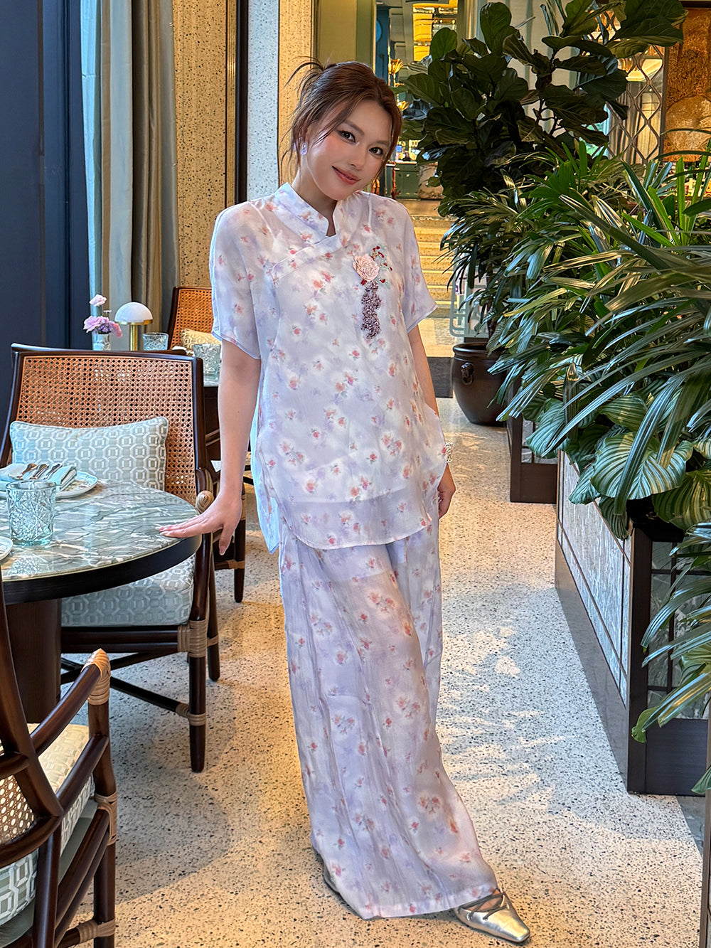 MUKZIN×Capsule Collection Modern Chinese Floral Trouser Set with ICH Hami Hand Embroidery
