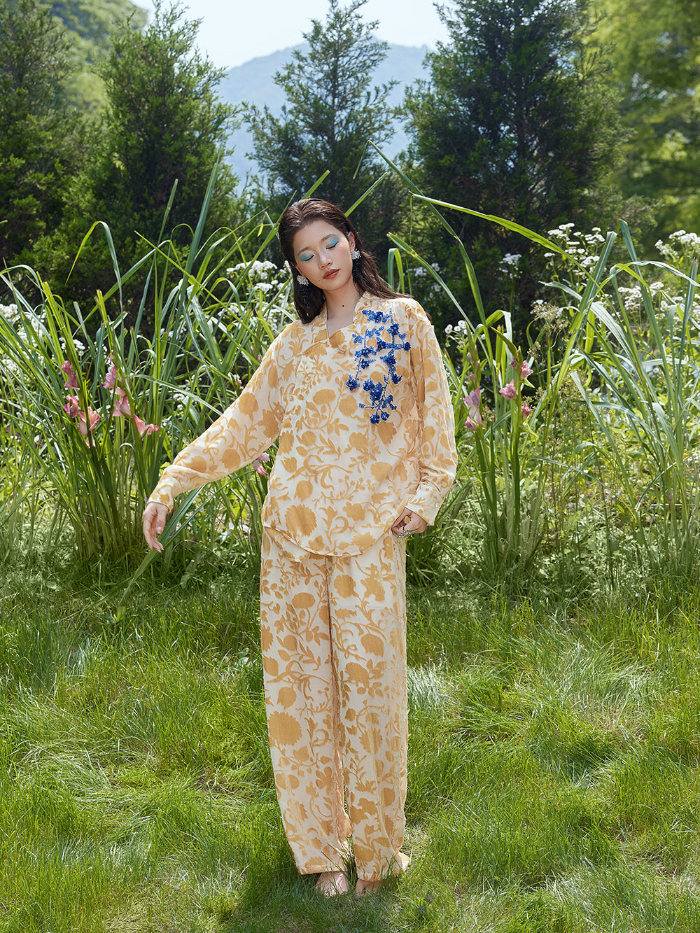 MUKZINxCapsule Collection New Chinese‑Style Oblique Placket Printed Long‑Sleeve Orange Trousers