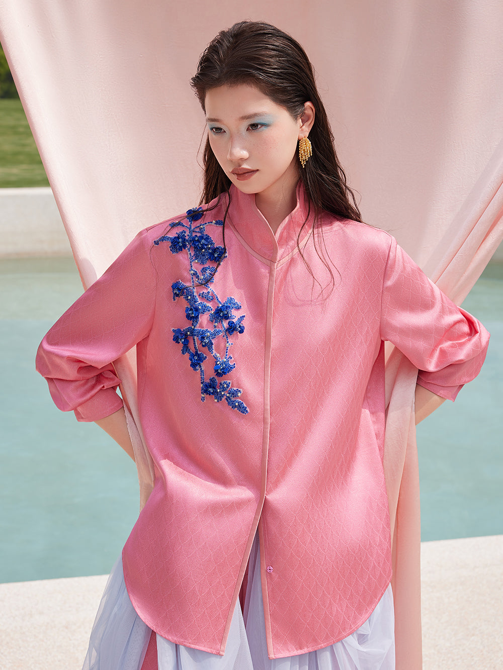 MUKZINxCapsule Collection New Chinese‑Style Intangible Cultural Heritage Hami Hand‑Embroidered Pink Acetate Long‑Sleeve Blouse
