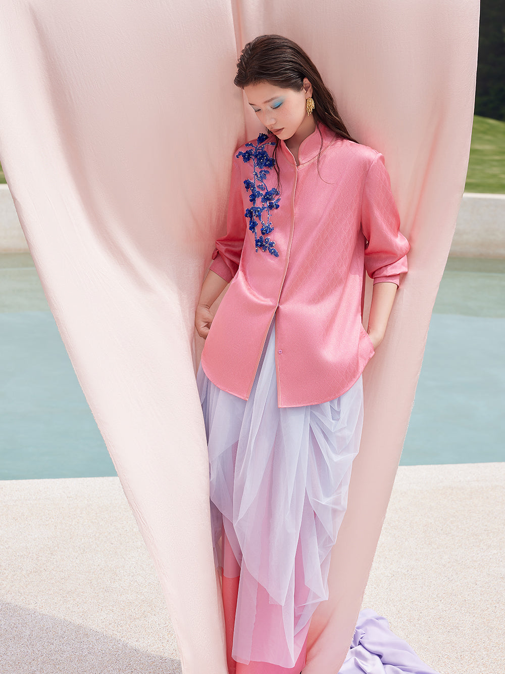 MUKZINxCapsule Collection New Chinese‑Style Intangible Cultural Heritage Hami Hand‑Embroidered Pink Acetate Trousers