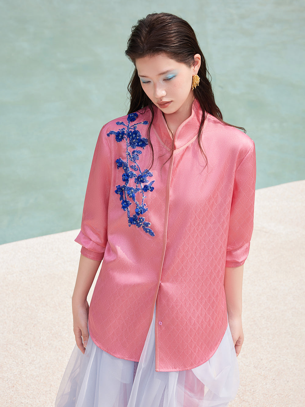 MUKZINxCapsule Collection New Chinese‑Style Intangible Cultural Heritage Hami Hand‑Embroidered Pink Acetate Long‑Sleeve Blouse