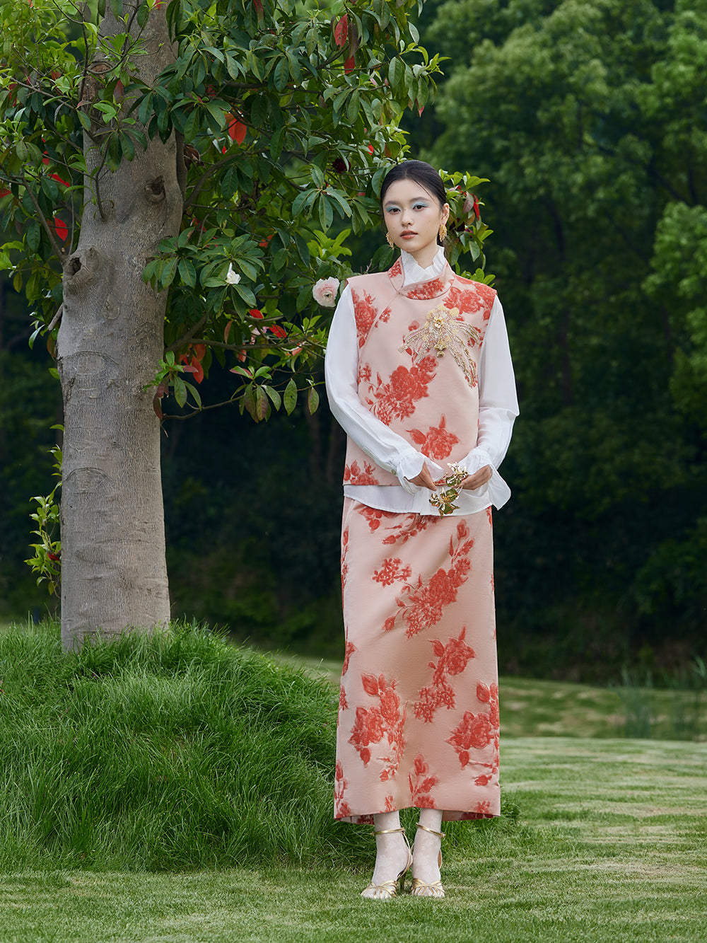 MUKZIN×Capsule Collection Modern Chinese Linen Skirt Set with ICH Su Embroidery – Orange