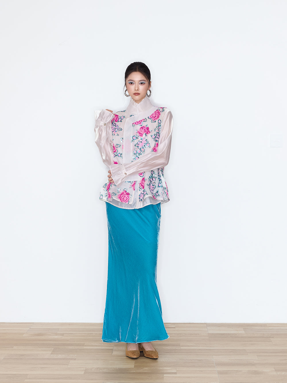 MUKZIN×Flourishing Blooms New Chinese-style loose and casual versatile glossy stand-up collar shirt