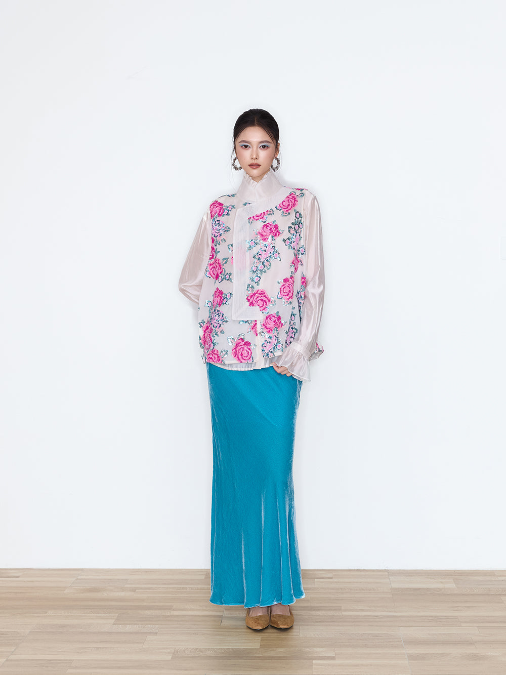 MUKZIN×Flourishing Vintage Rose‑Print Mandarin Collar Vest