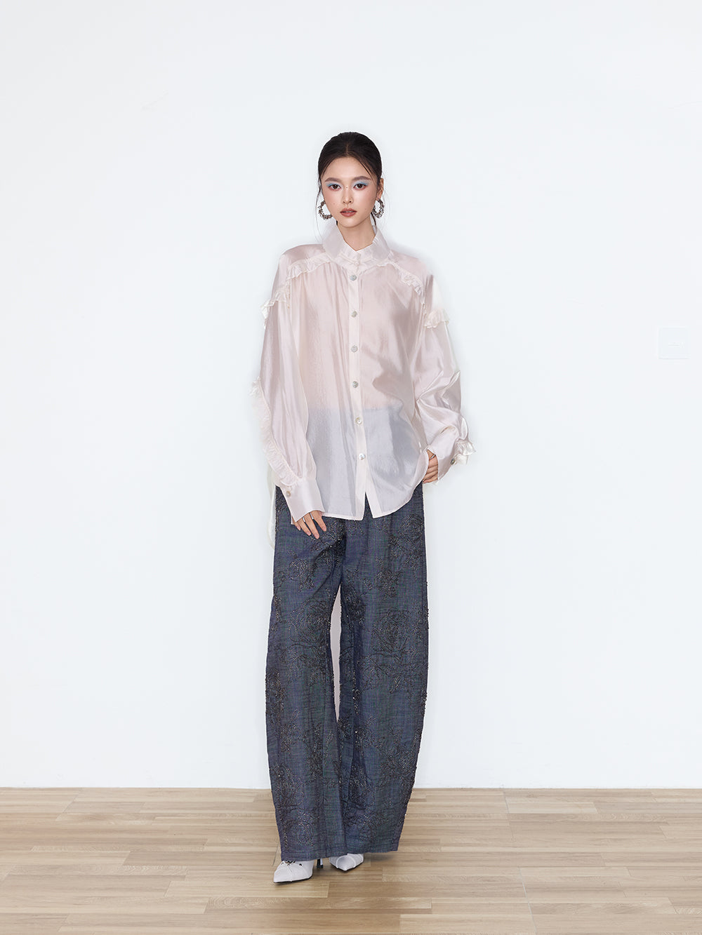 MUKZIN×Flourishing Blooms New Chinese-style semi-transparent loose-fitting stand-up collar shirt