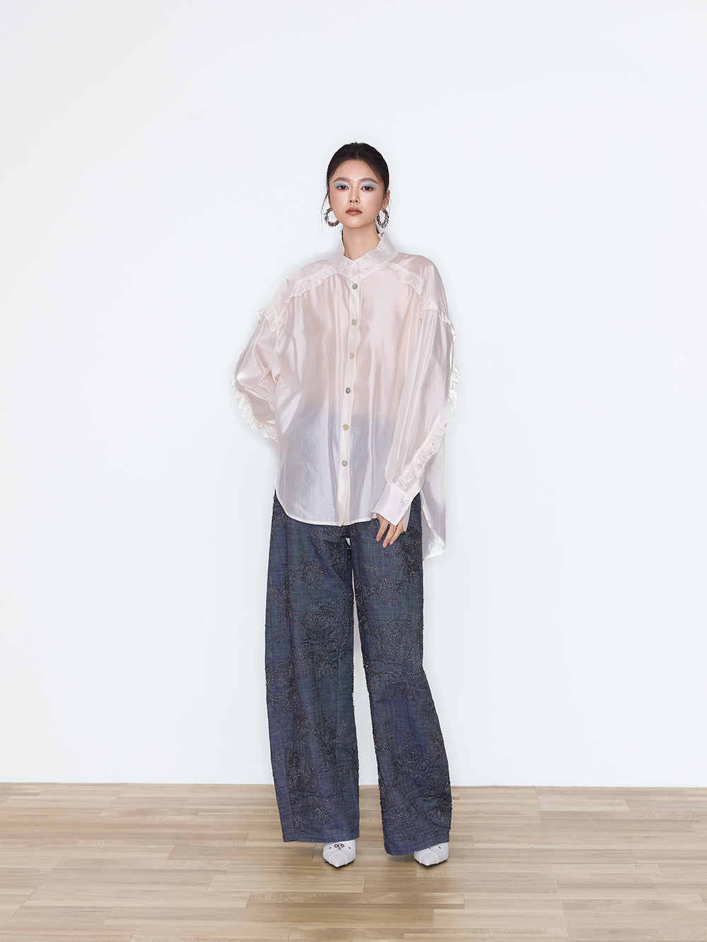 MUKZIN×Flourishing Blooms New Chinese-style semi-transparent loose-fitting stand-up collar shirt