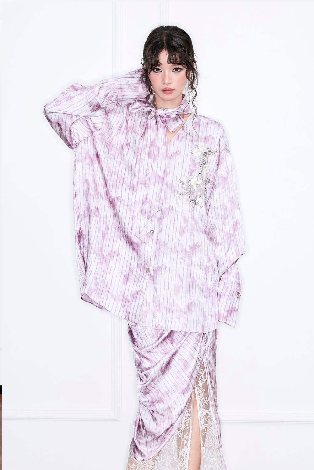 MUKZIN“Realm of Ethereal Mist”Lavender Purple Oversized Shirt with Ribbons - Handmade Plant-Dyed