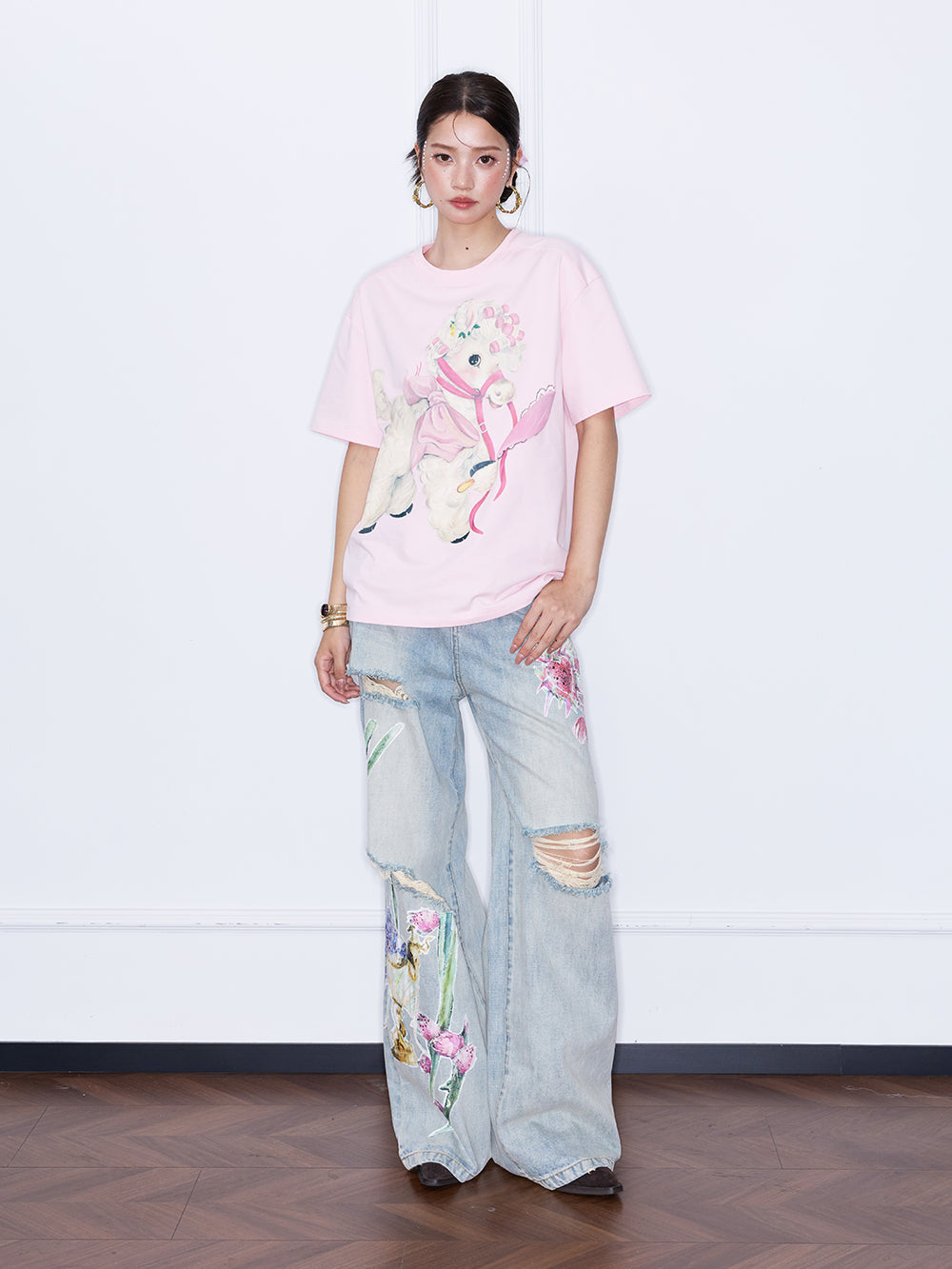 MUKZIN“Night Ballad of Chang'an”Distressed Vintage Wide-Leg Jeans | Dragon Fruit & Botanical Print Appliques Denim Pants