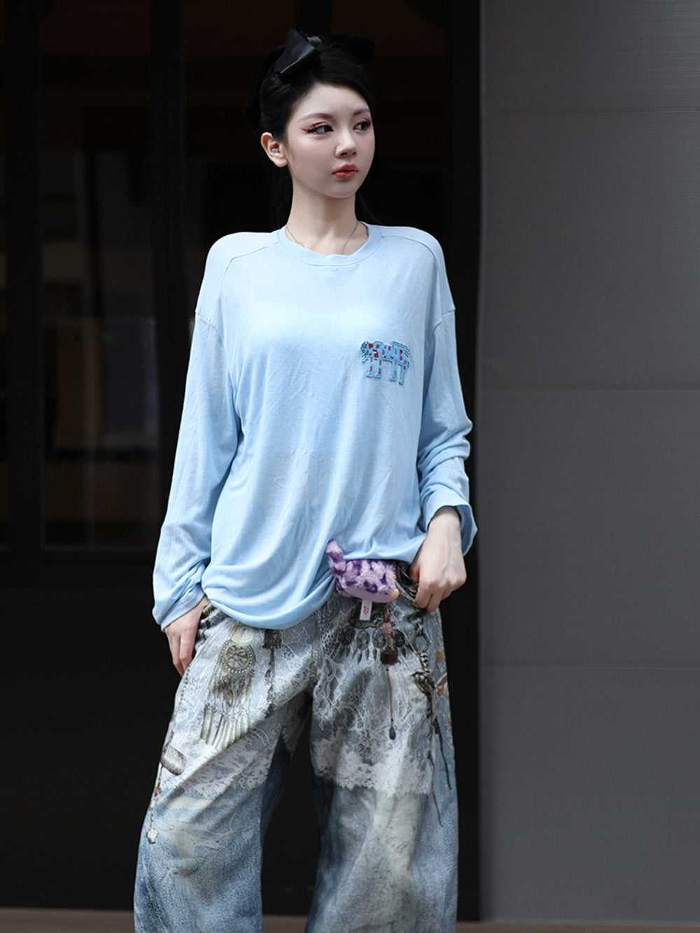 MUKZIN“Realm of Ethereal Mist”Light Blue Elephant Embroidered Loose Long - Sleeve T - shirt