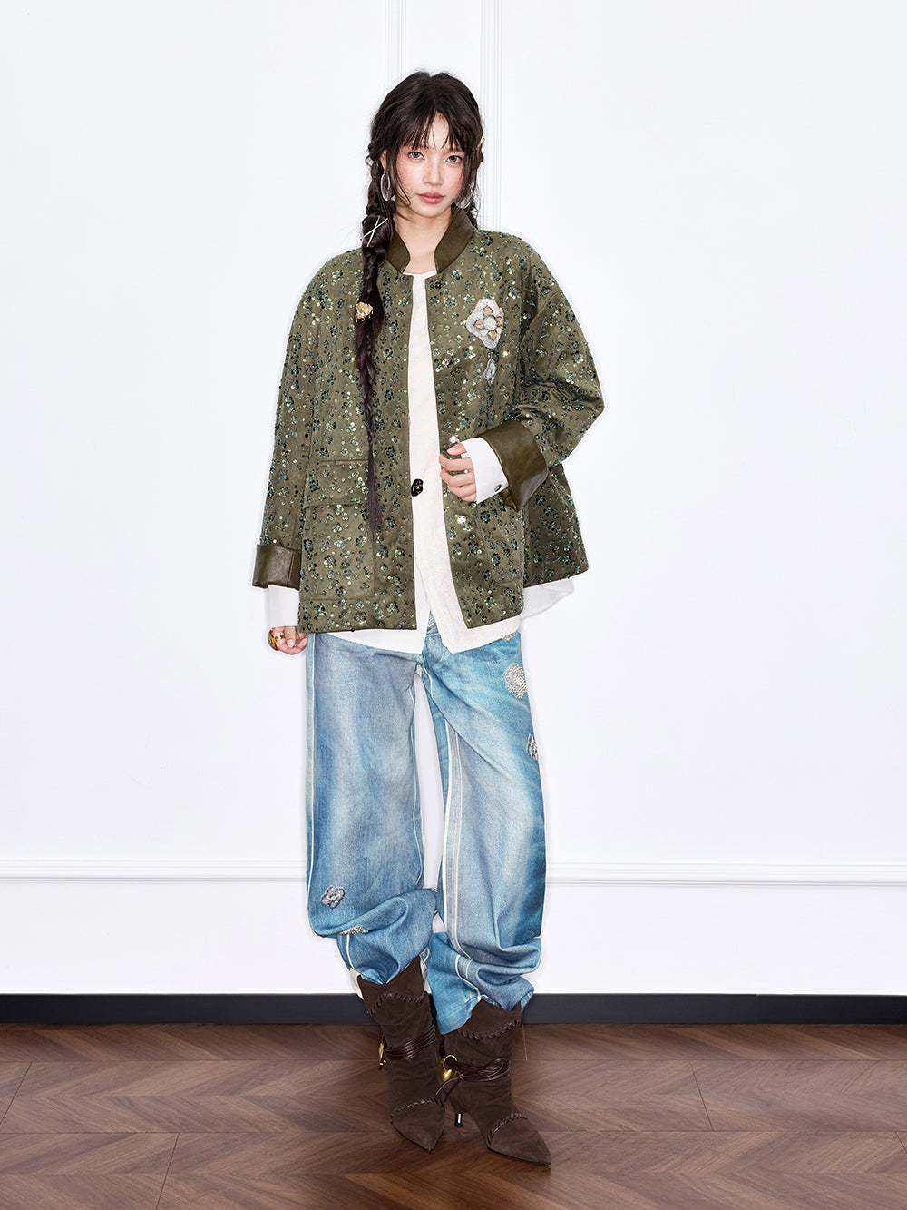 MUKZIN“The Sequence of Deer's Call”Military Green Retro Oversized Heavy Embroidery Jacket