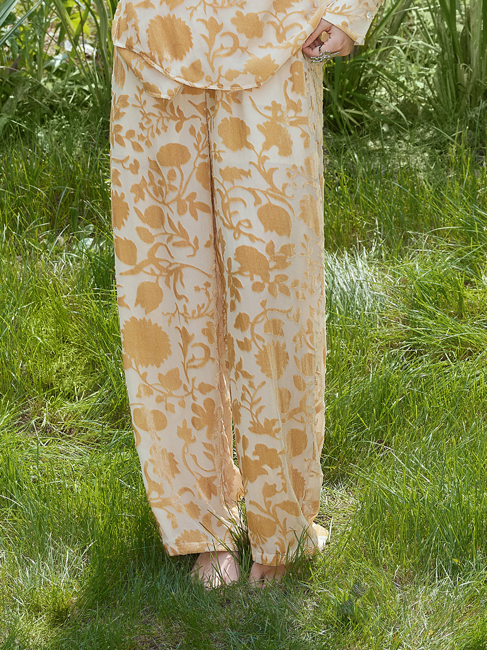 MUKZINxCapsule Collection New Chinese‑Style Oblique Placket Printed Long‑Sleeve Orange Trousers