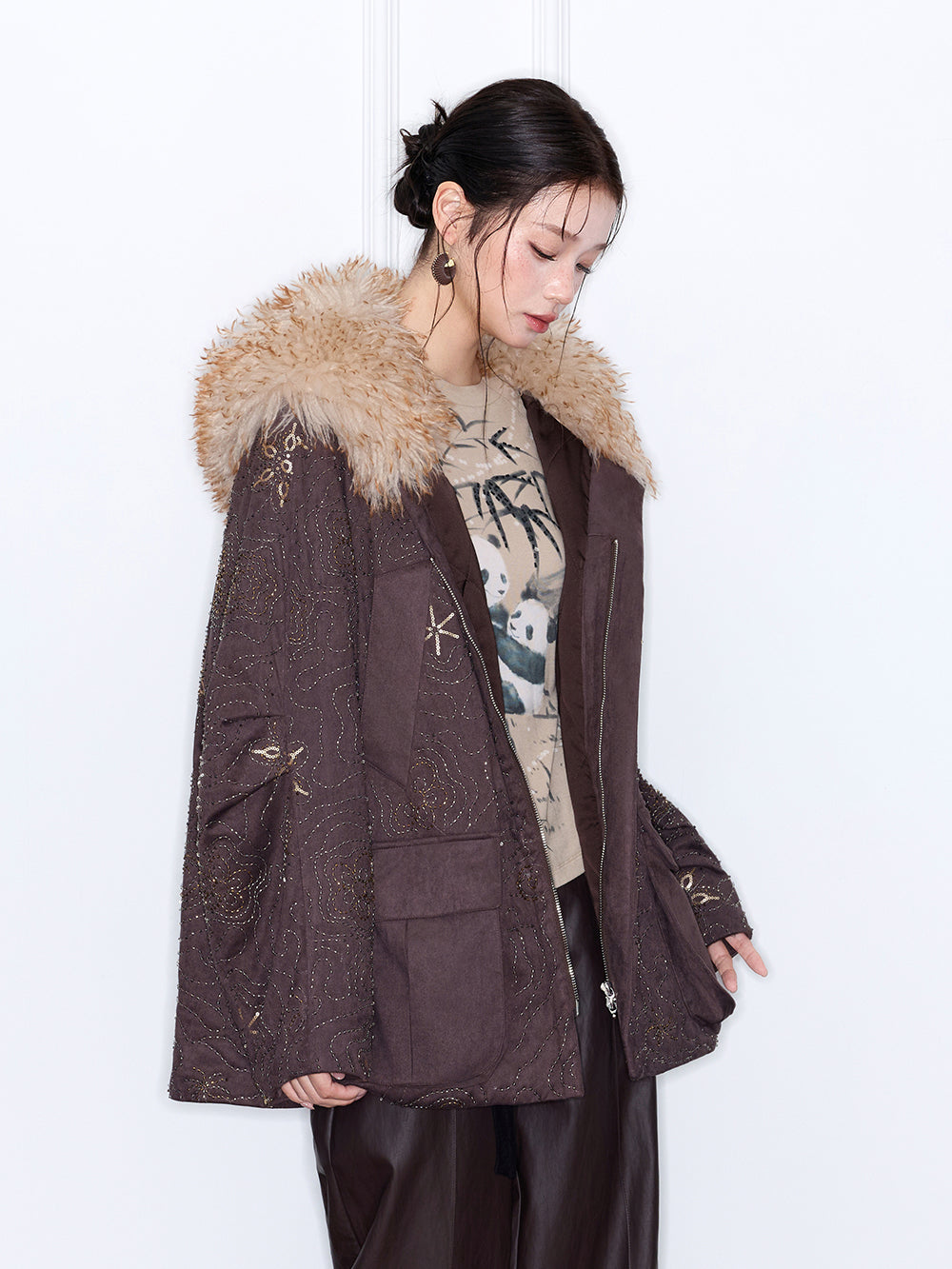 MUKZIN“Capsule Collection”Oversized Fur Collar Puffer Coat Coffee Metallic Print Casual Winter Jacket