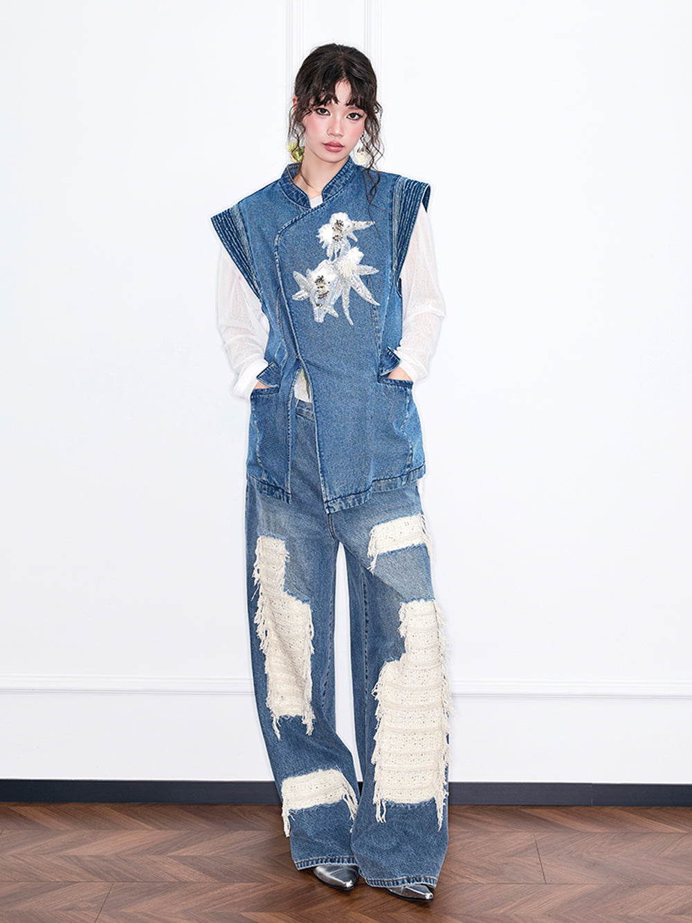 MUKZIN“Realm of Ethereal Mist”Chinese - style Frog Button Denim Vest with Sequin Floral Decoration