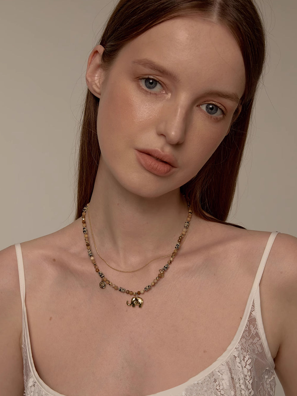 MUKTANK×SUN HUNTER Double-layered Necklace with Little Elephant Design and Speckled Stone
