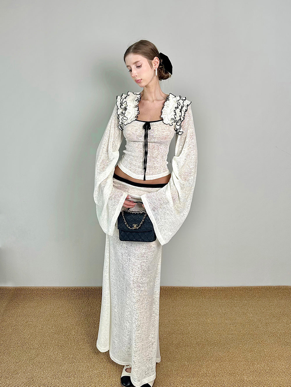 MUKTANK×Jqwention Black & White Contrast Lace Trim Moonlight Slim Suit Midi Skirt