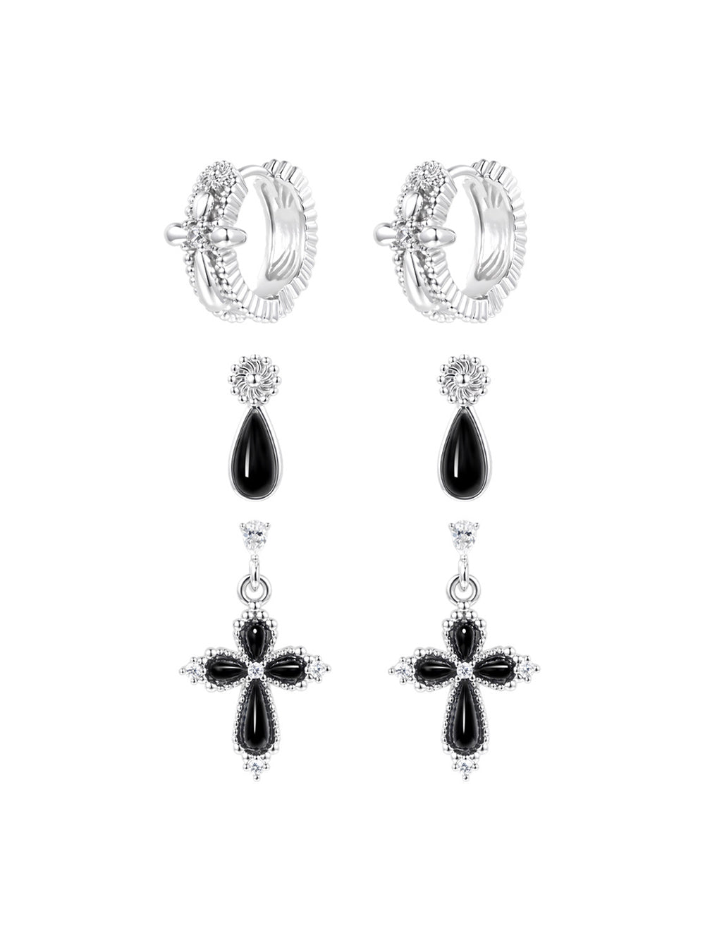 MUKTANK×SUN HUNTER Black Agate Petal Cross Earring Set