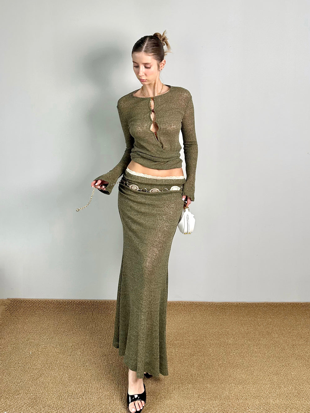 MUKTANK×Jqwention Moss Green Slim-Fit Maxi Dress Suit Midi Skirt