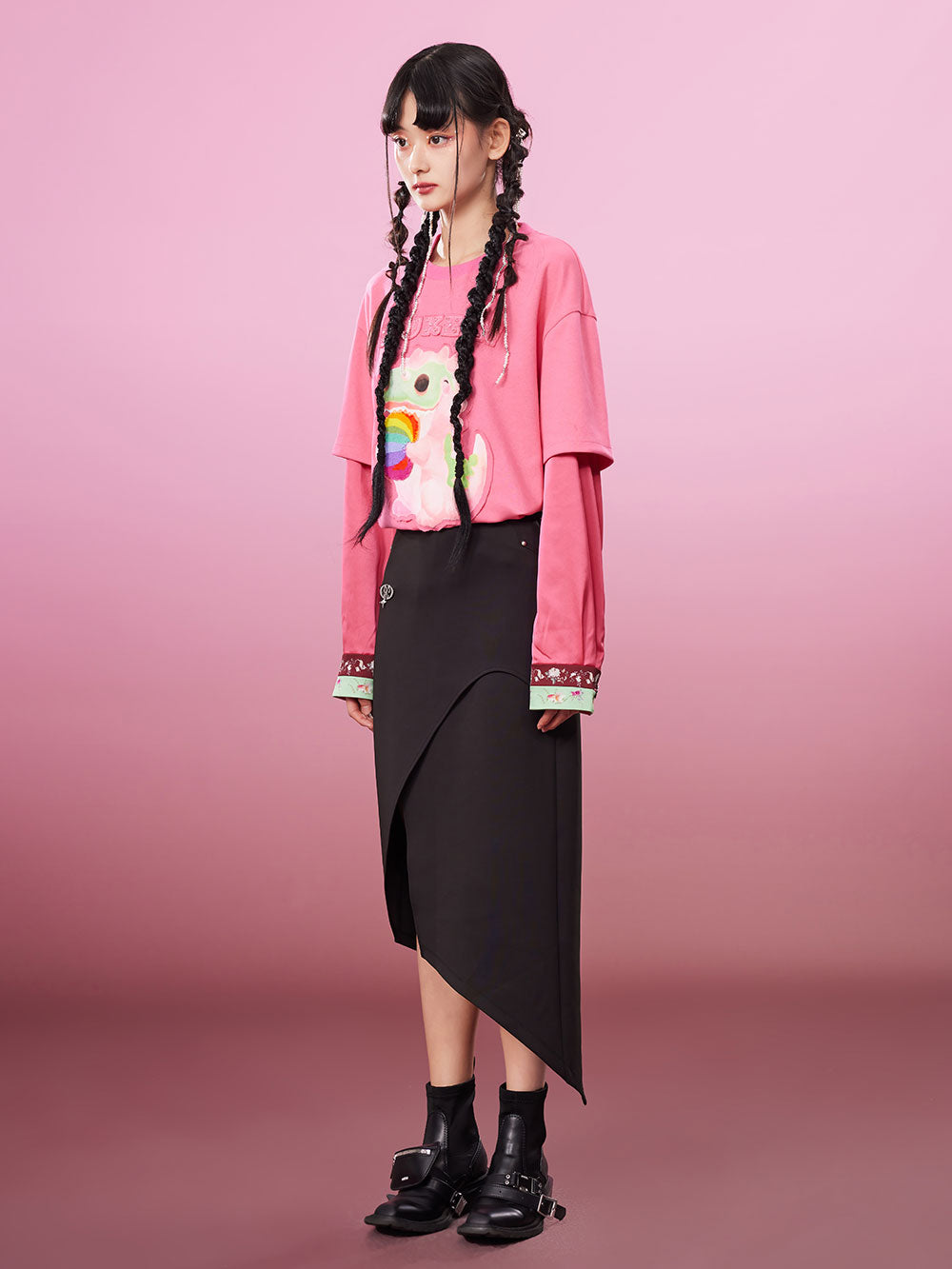 MUKZIN Fake Two-piece 2-color Embroidery School Style All-match T-shirts