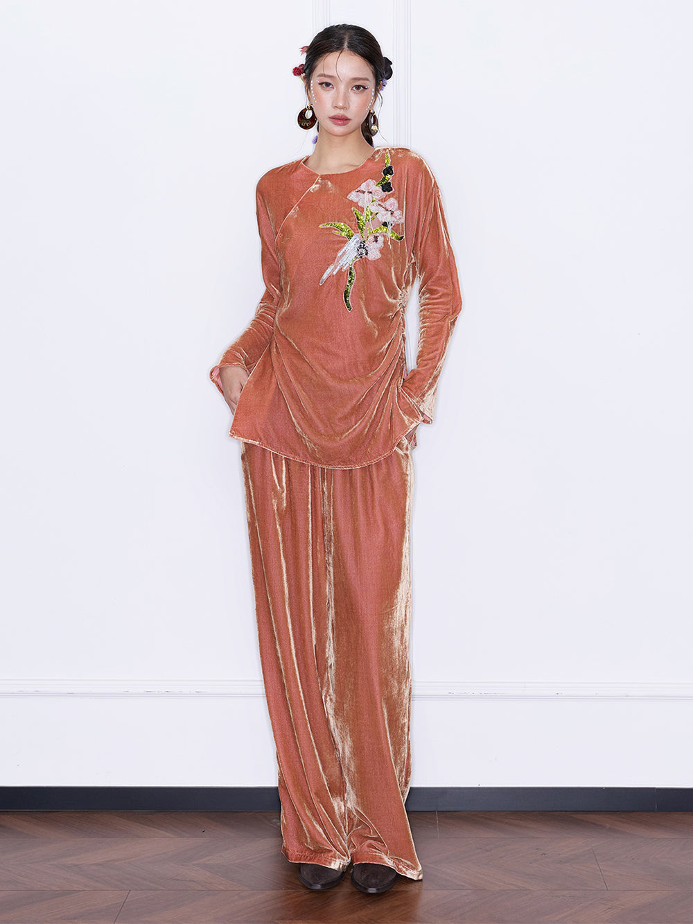 MUKZIN“Capsule Collection”Orange Velvet Long Sleeve Top | Oriental Floral Embroidered Sequin Embellished Blouse