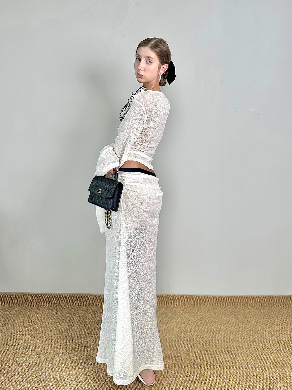 MUKTANK×Jqwention Black & White Contrast Lace Trim Moonlight Slim Suit Midi Skirt