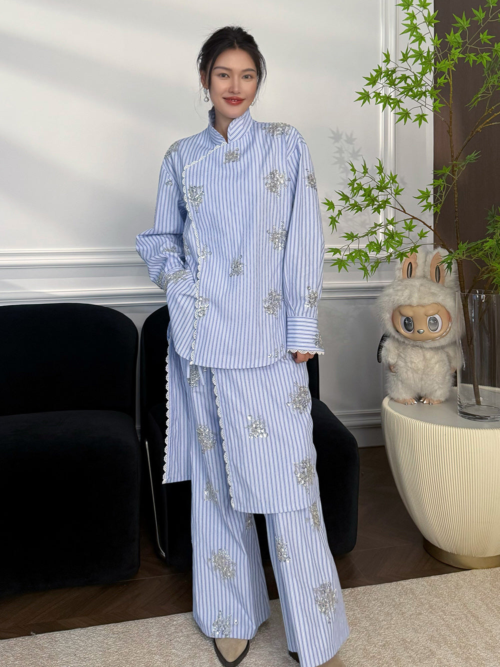 MUKZIN“Capsule Collection”Blue Striped Floral Embroidered Mandarin Collar Shirt | Oriental Sequin Embellished Long Sleeve Blouse