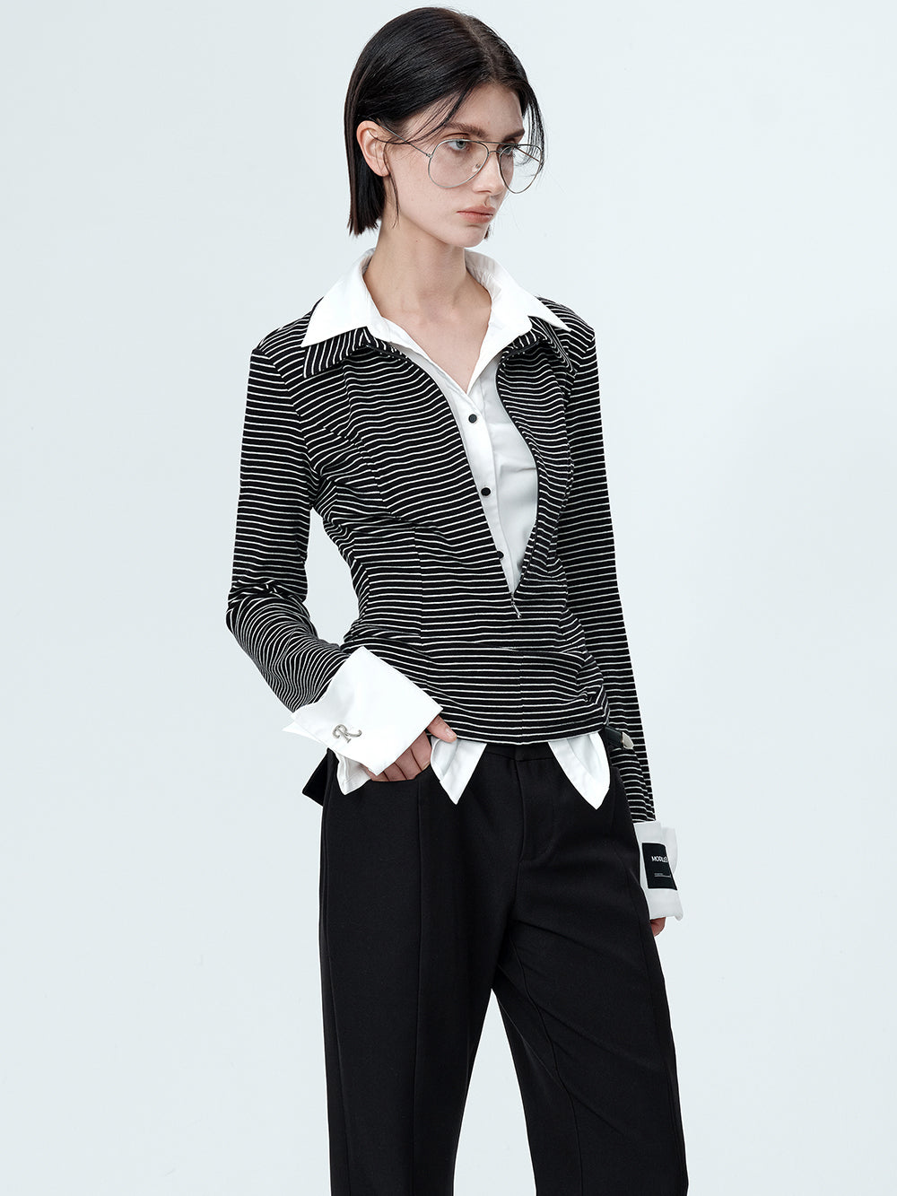 MUKTANK×MODULER Fake Two-piece Shirt with a Striped Henley Top Featuring a Spliced Turned-up Sleeves
