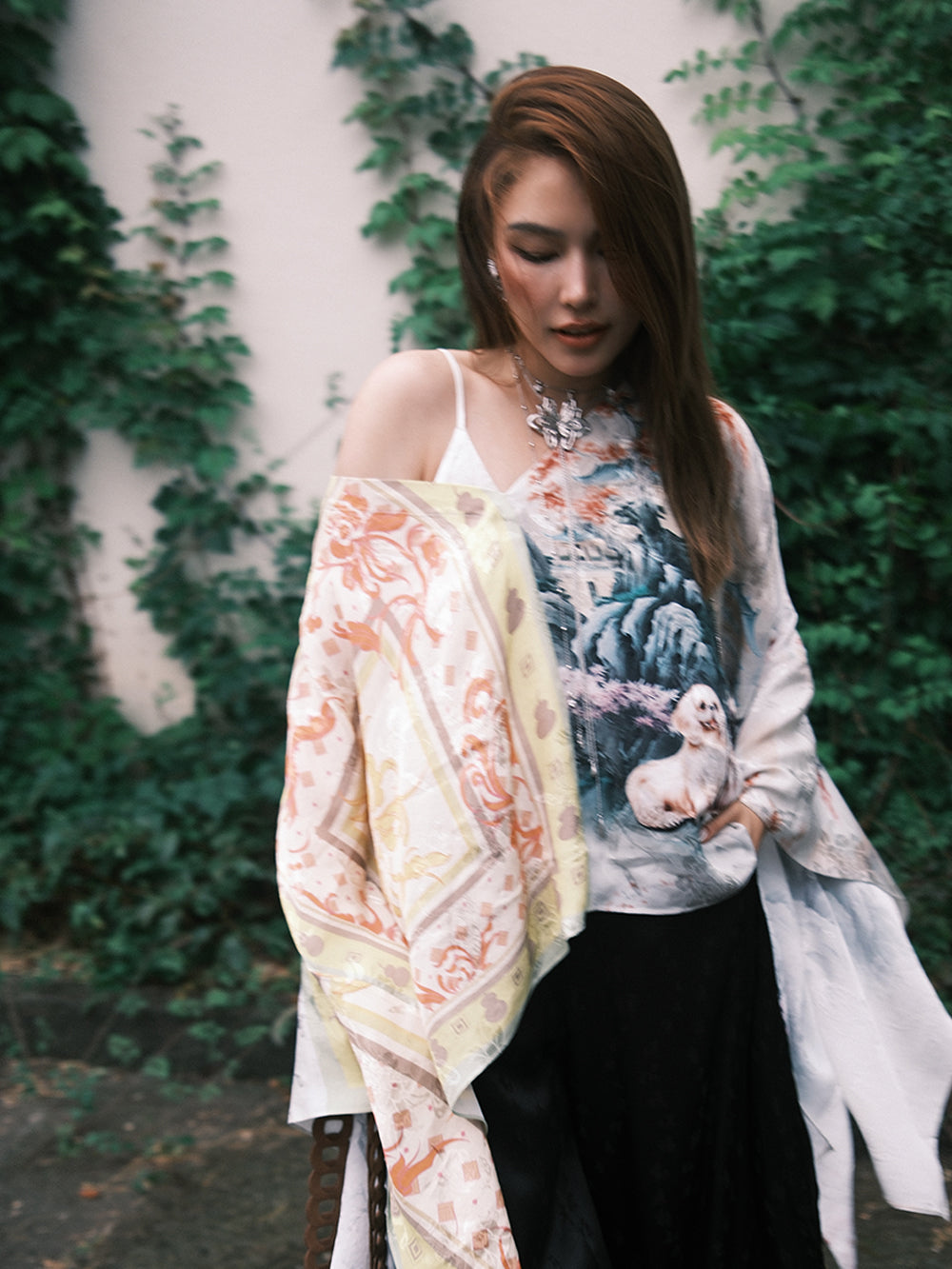 MUKZIN“Capsule Collection”Chinese - Style Artistic Printed Loose - Fit V - Neck Top