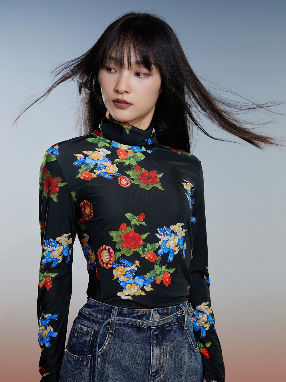 Thickened Fleece-Lined Autumn & Winter National Style Printed Turtleneck Base Shirt