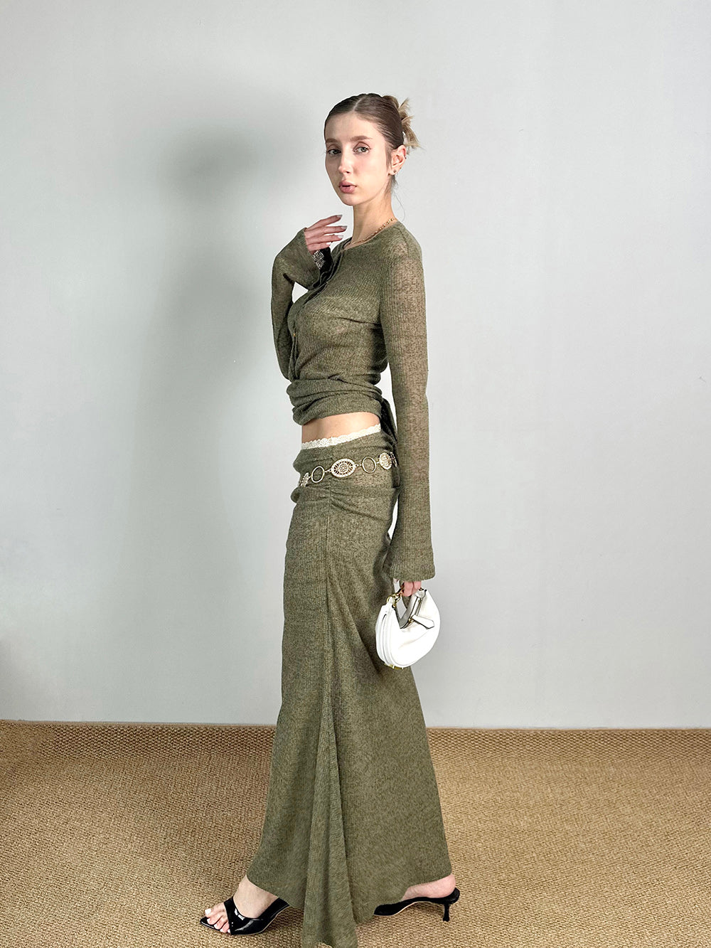 MUKTANK×Jqwention Moss Green Slim-Fit Maxi Dress Suit Top