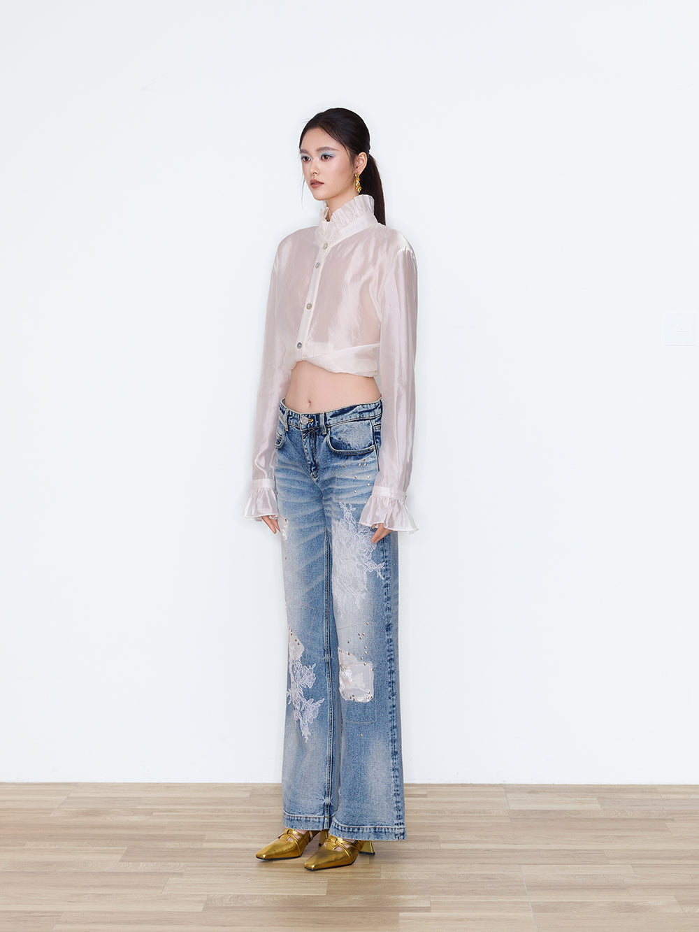 MUKZIN×Flourishing Blooms New Chinese-Style Floral Patch&Beaded High-Waist Jeans