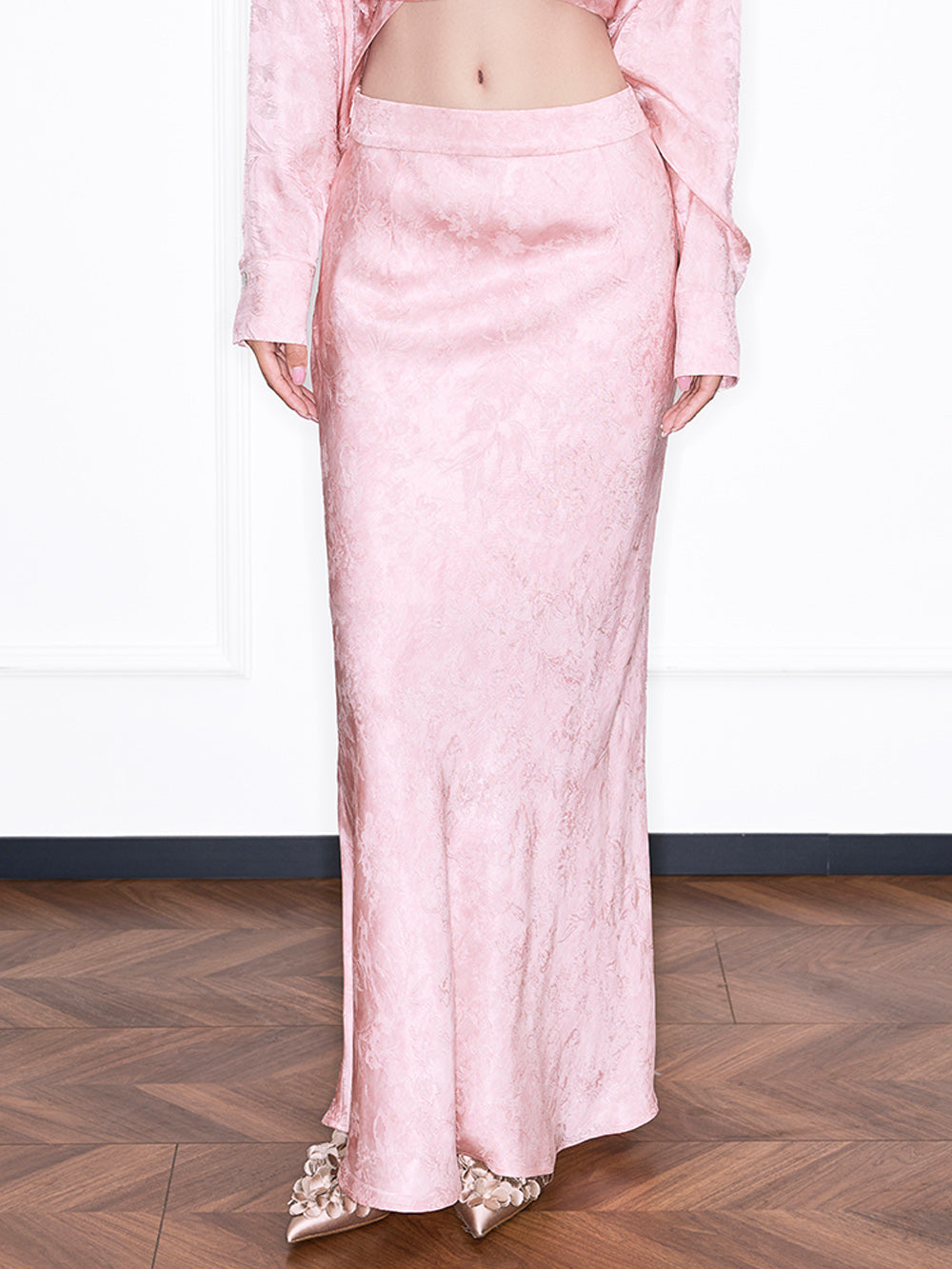 MUKZIN“Realm of Ethereal Mist”National Style Pink Jacquard Satin High-slit Slim Long Midi Skirt