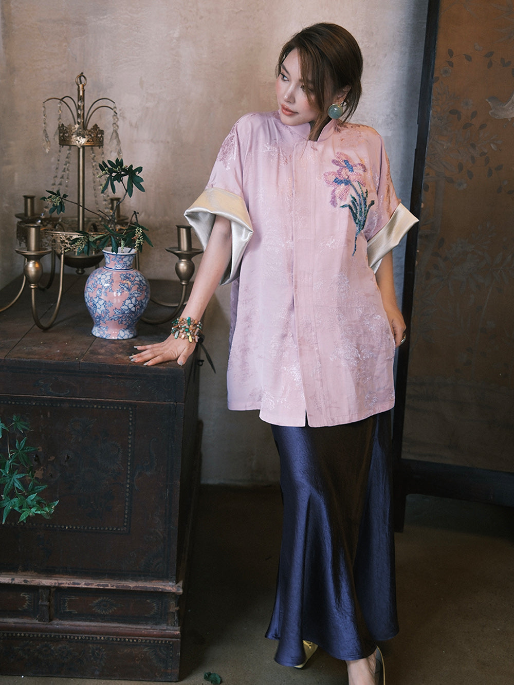 MUKZIN“Capsule Collection”Pink Chinese - style Stand - up Collar Floral Embroidered Loose Top