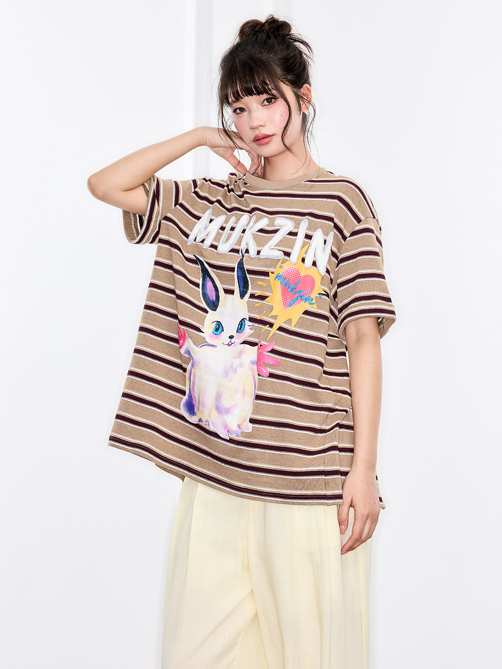 MUKZIN "Ode to the New Summer" Khaki Striped Cute Rabbit T - shirt